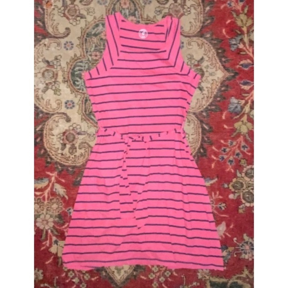 NWOT Mountain Khakis 100% Cotton Striped Belted Midi Tank Dress Pink Navy L